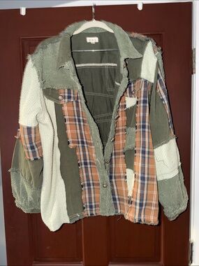 POL Patchwork Button-Up Jacket in Olive, Cream & Rust Plaid